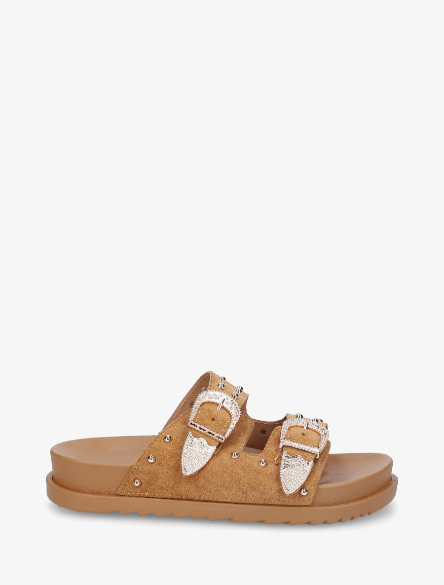 Claquettes cloutées en suédine - Camel - 1