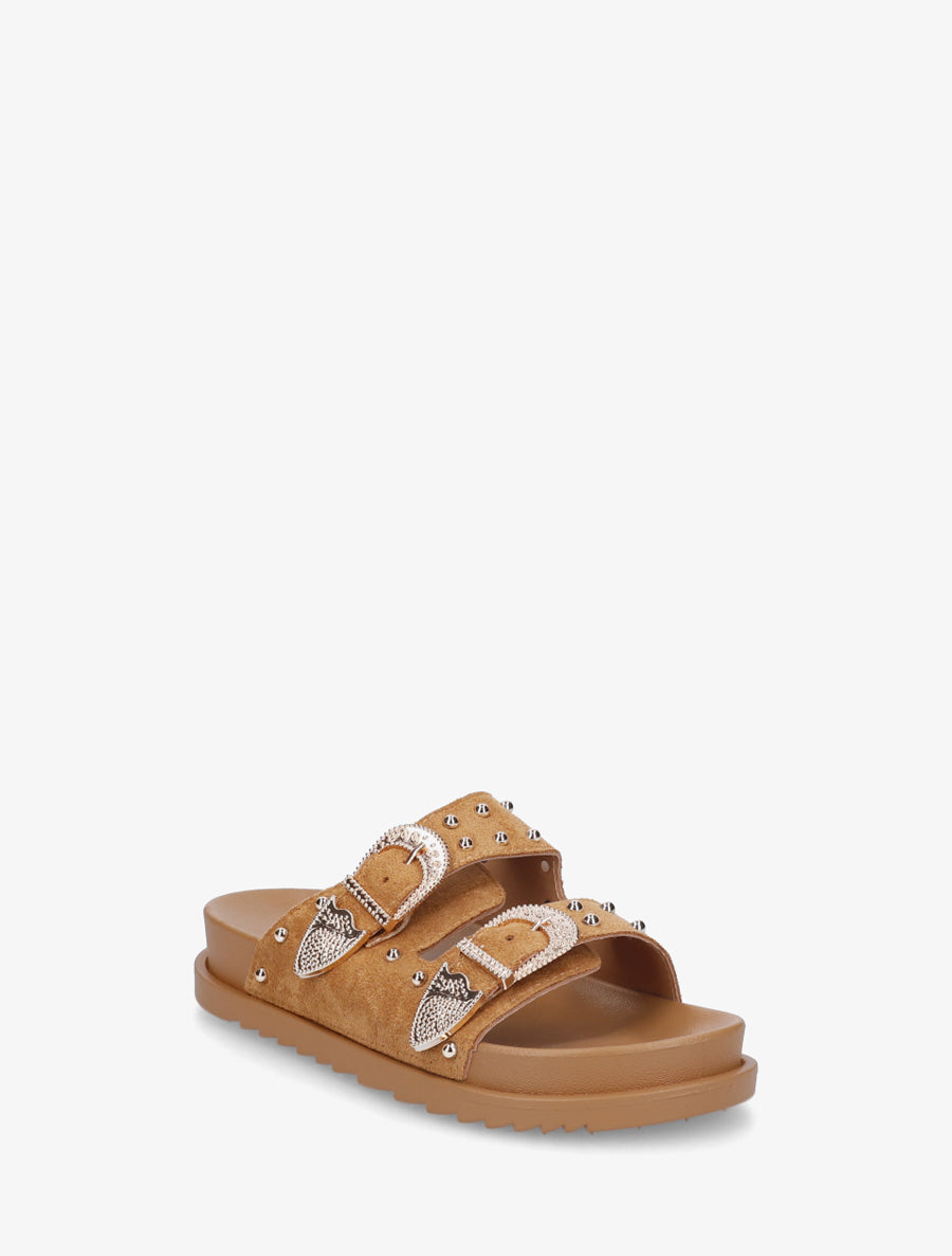 Claquettes cloutées en suédine - Camel - 2