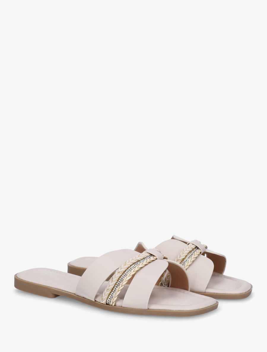 Claquettes plates à cordes tressées et strass - Beige - 4