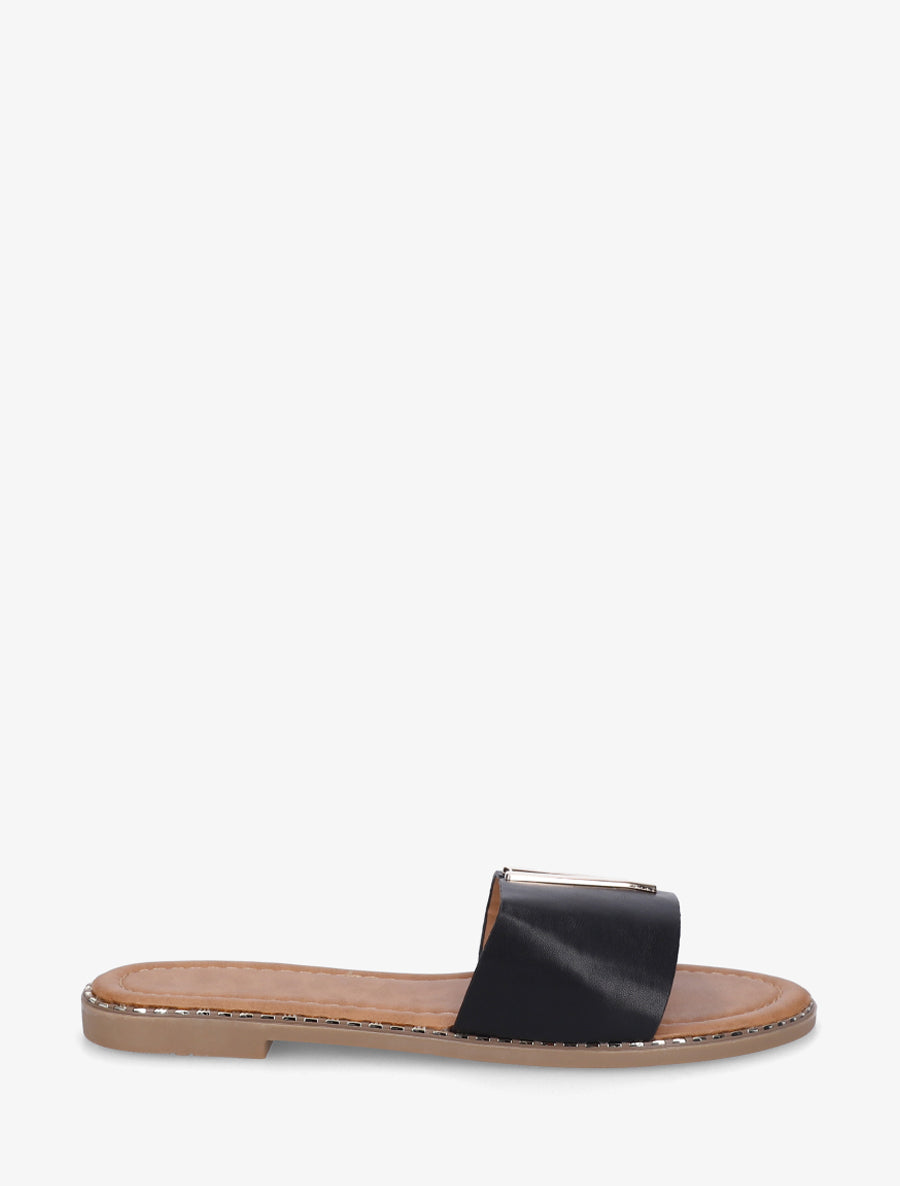 Claquettes en simili à empiècement bijou V - Noir - 1