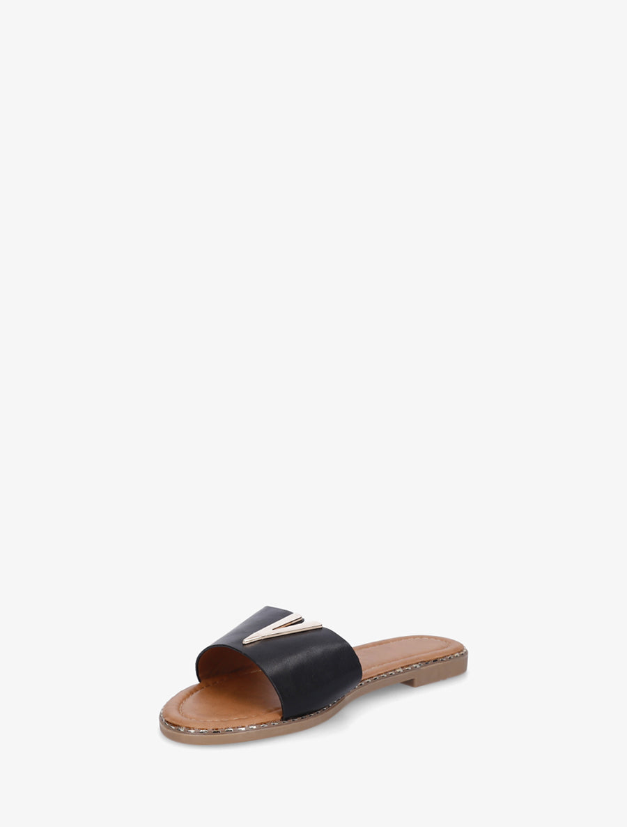 Claquettes en simili à empiècement bijou V - Noir - 3