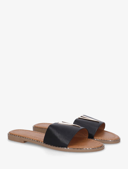 Claquettes en simili à empiècement bijou V - Noir - 4