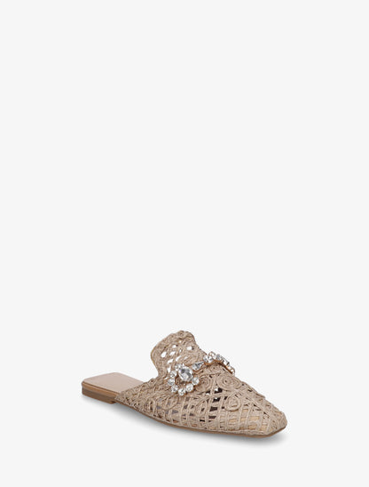 Mules en raphia à bijoux strassés - Taupe - 2