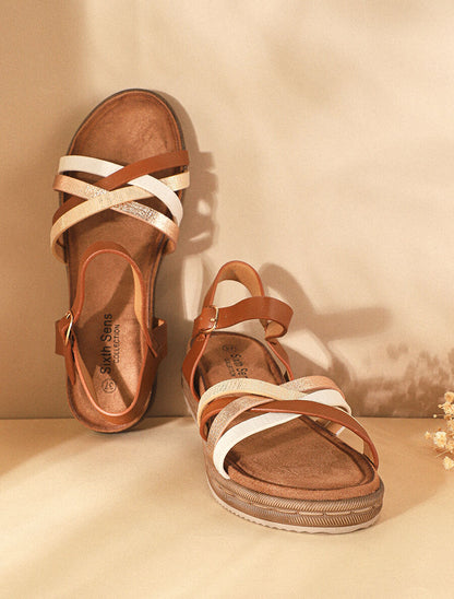 Nu-pieds à brides croisées effet irisé et python - Camel - 1