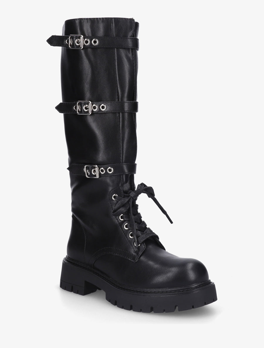 Bottes en simili à triple sangles - Noir - 2