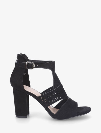 Sandales à talon et bride ajourée en suédine - Noir - 2