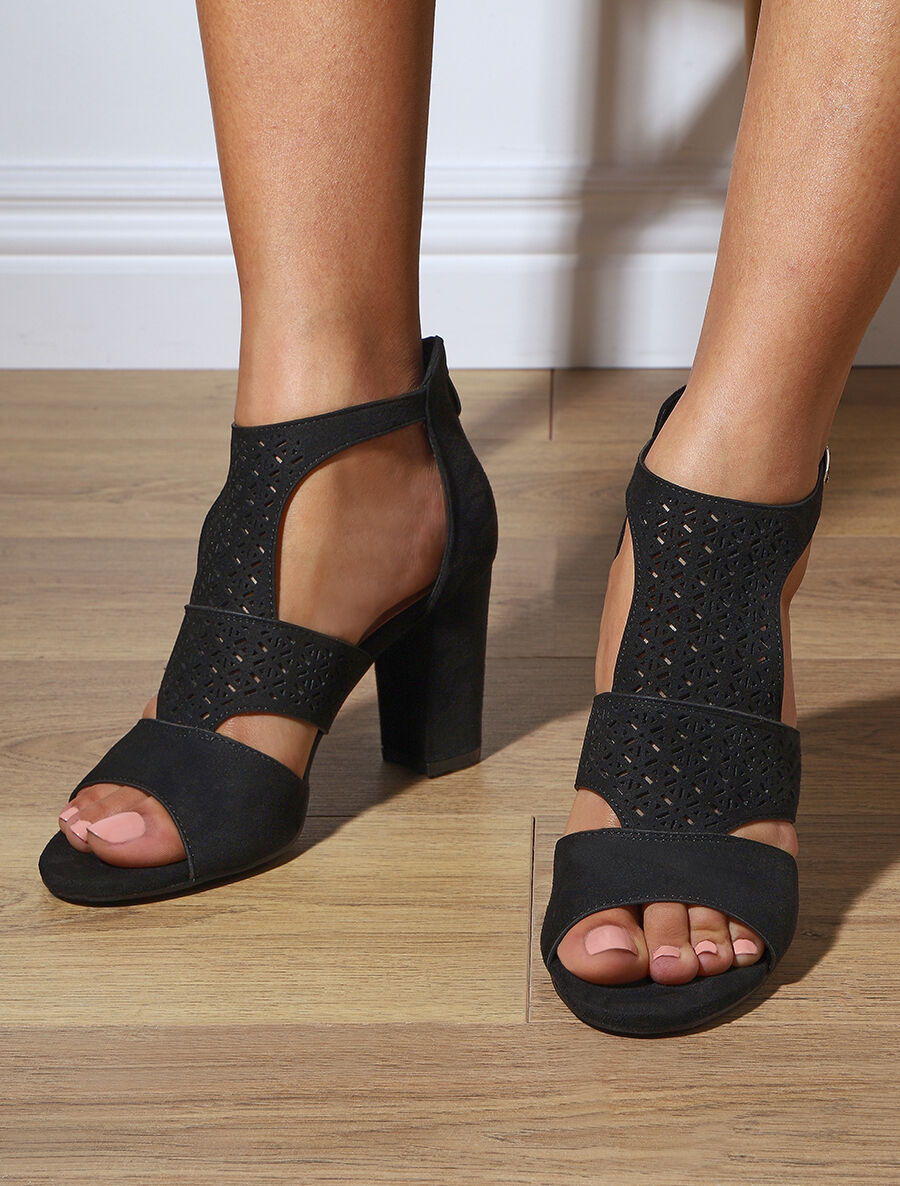 Sandales à talon et bride ajourée en suédine - Noir - 1