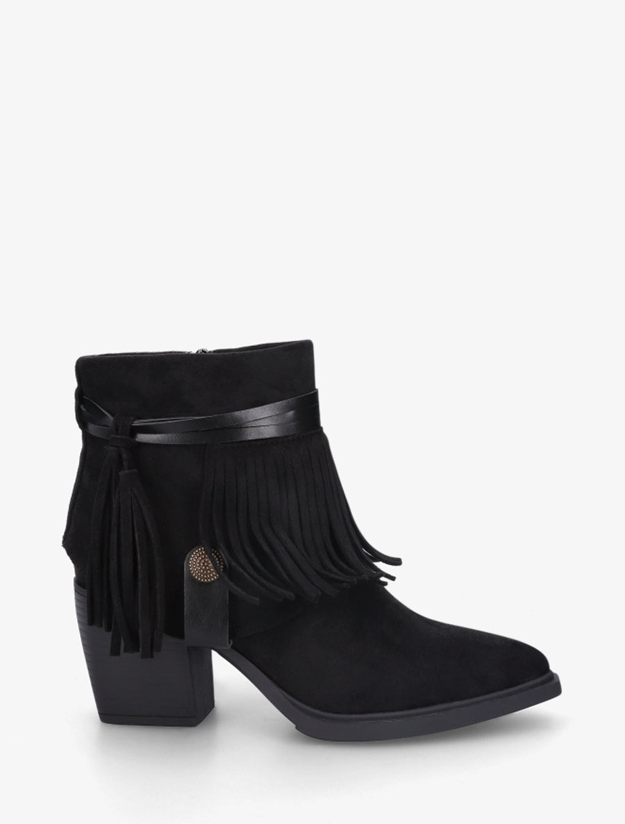 Bottines en suédine à revers à franges - Noir - 1