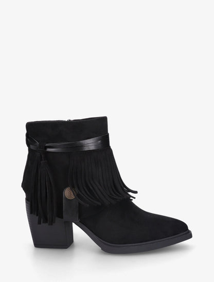 Bottines en suédine à revers à franges - Noir - 1