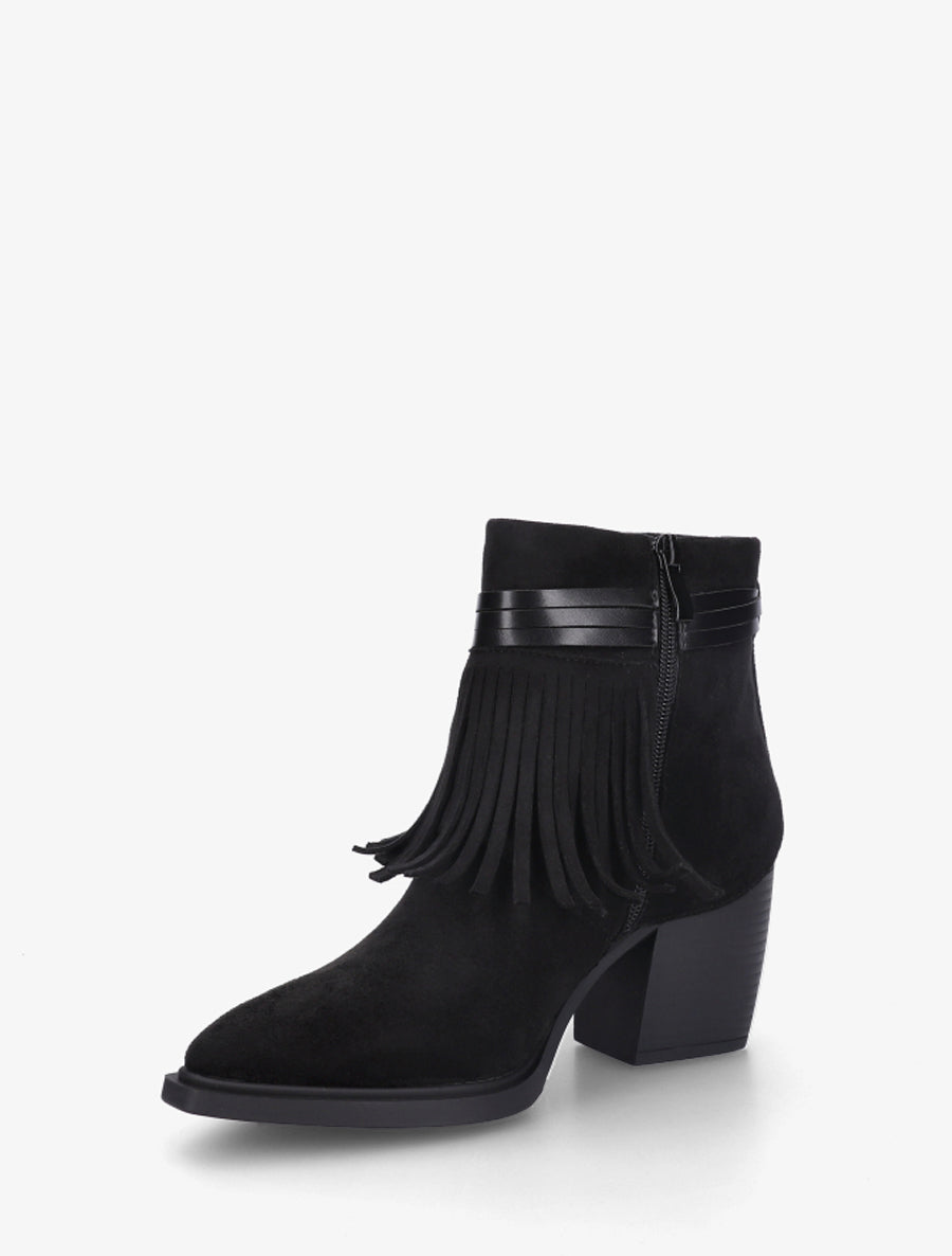 Bottines en suédine à revers à franges - Noir - 3