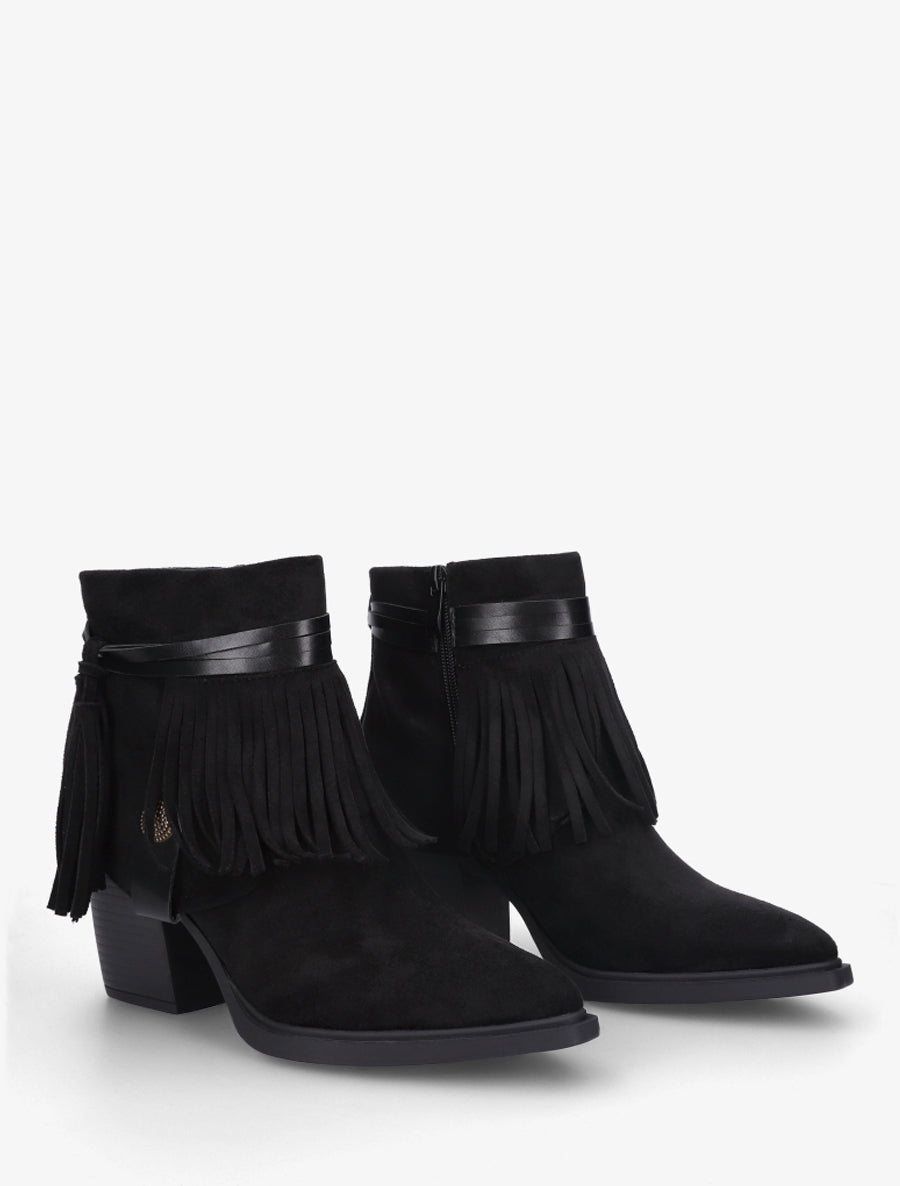 Bottines en suédine à revers à franges - Noir - 4