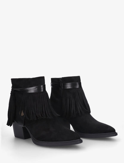 Bottines en suédine à revers à franges - Noir - 4