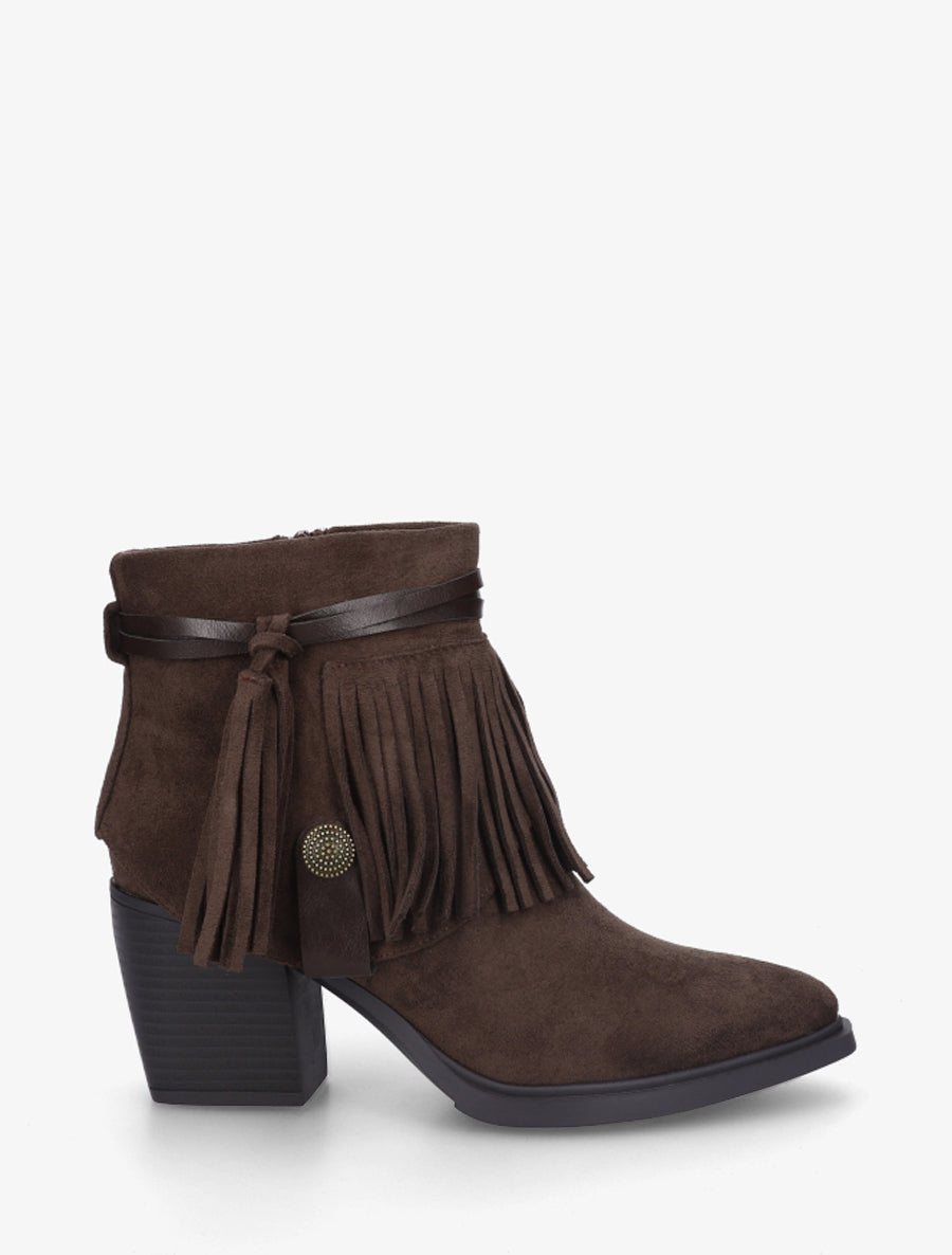 Bottines en suédine à revers à franges - Marron - 1