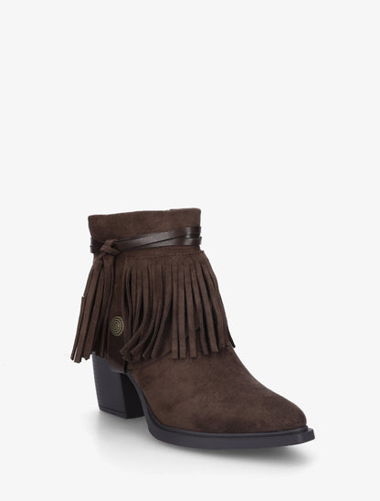 Bottines en suédine à revers à franges - Marron - 2