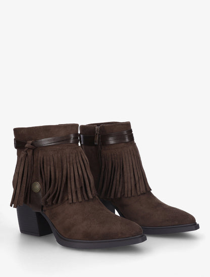 Bottines en suédine à revers à franges - Marron - 4