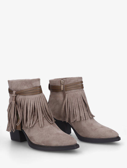 Bottines en suédine à revers à franges - Taupe - 4