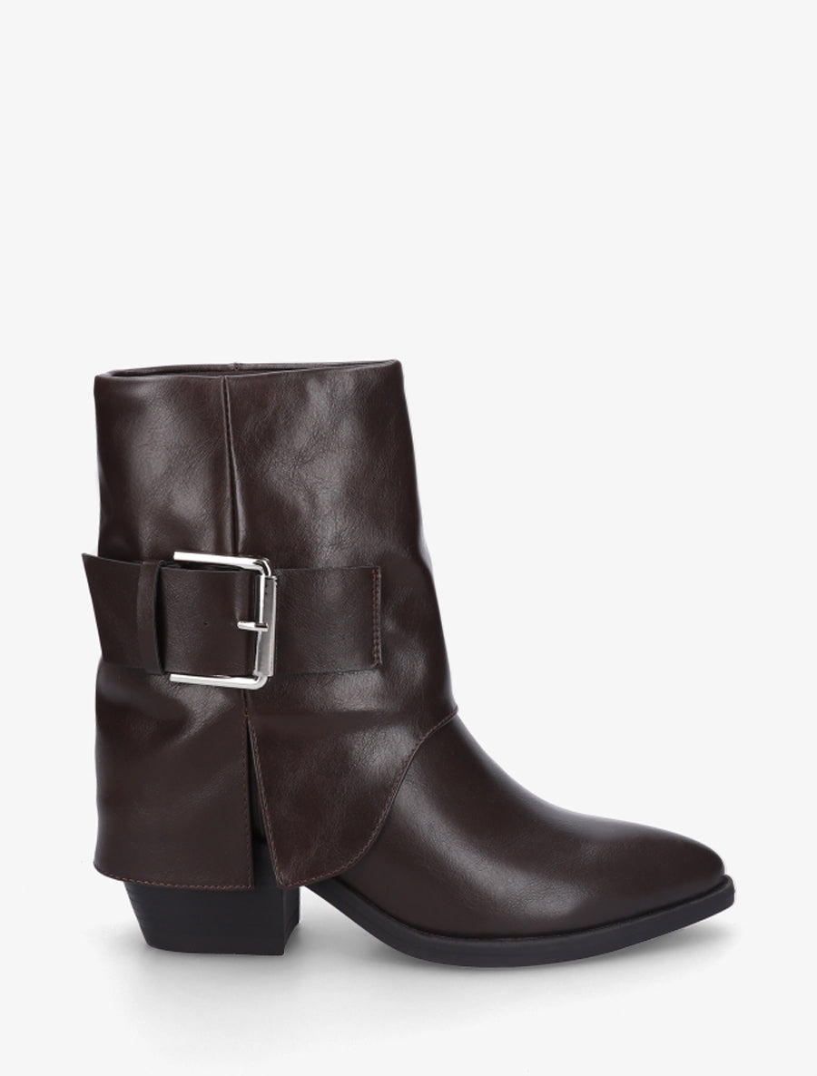 Bottines en simili à revers et ceinturon - Marron - 1
