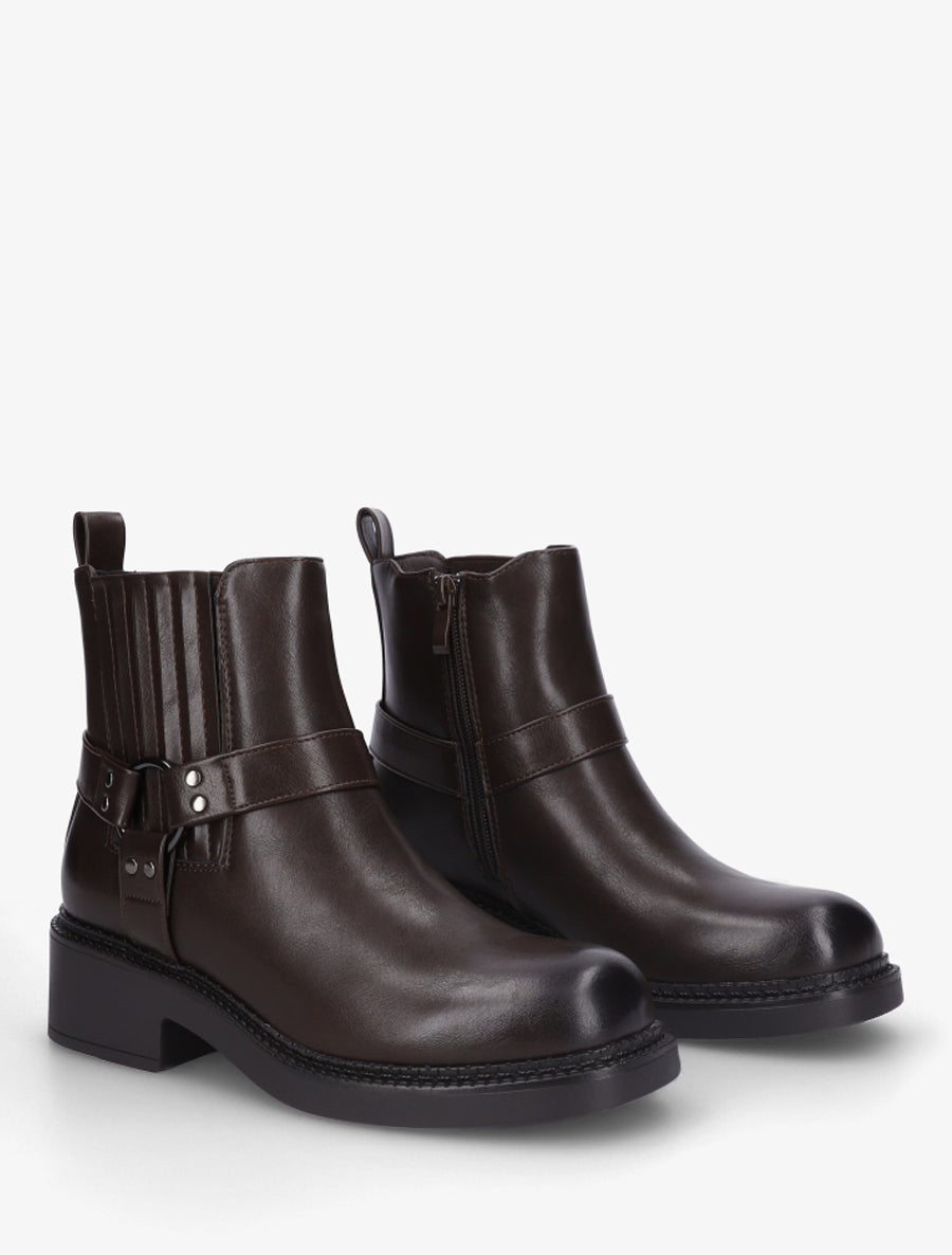 Bottines en simili style chelsea à ceinturon - Marron - 4