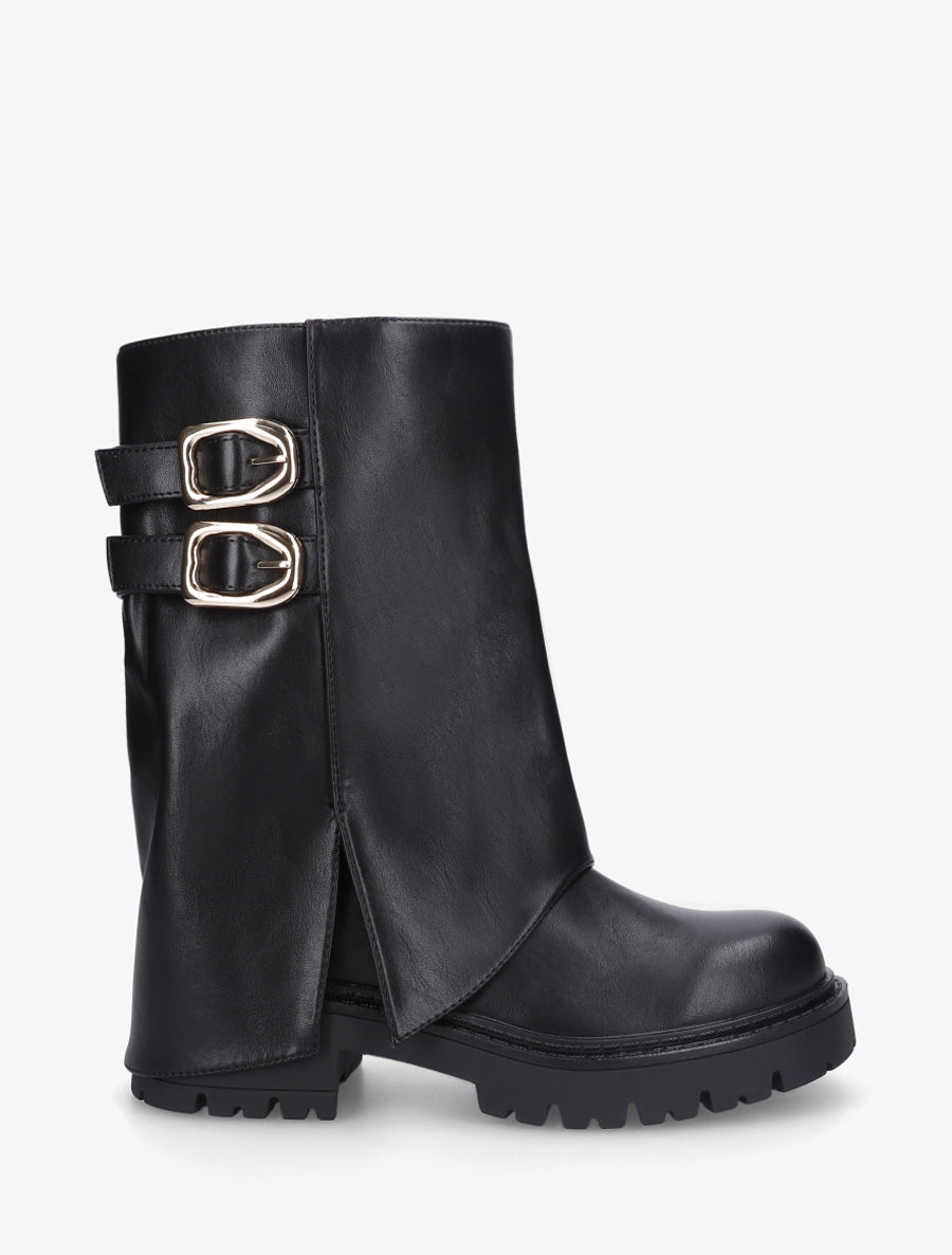Bottines à revers et double sangles en simili - Noir - 1