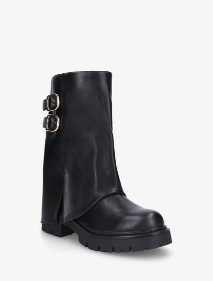 Bottines à revers et double sangles en simili - Noir - 2