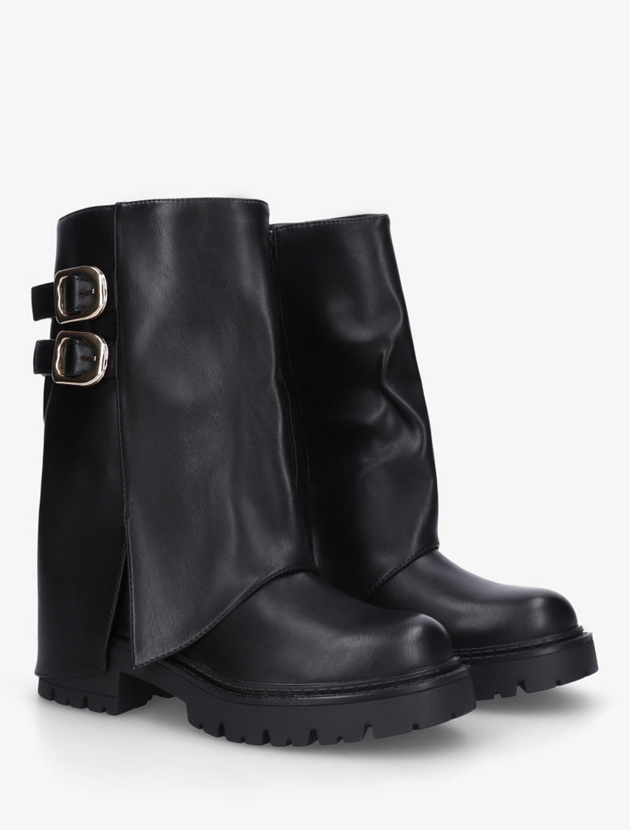 Bottines à revers et double sangles en simili - Noir - 4