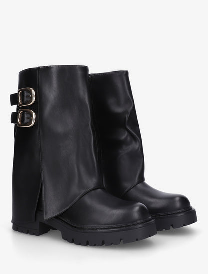 Bottines à revers et double sangles en simili - Noir - 4