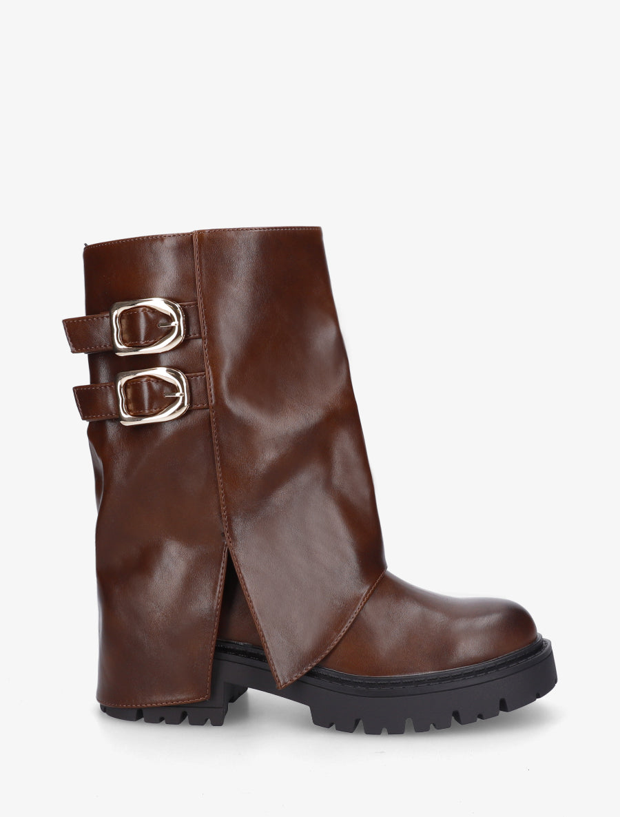 Bottines à revers et double sangles en simili - Marron - 1