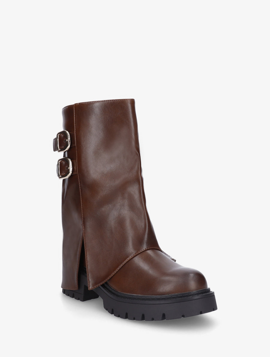 Bottines à revers et double sangles en simili - Marron - 2