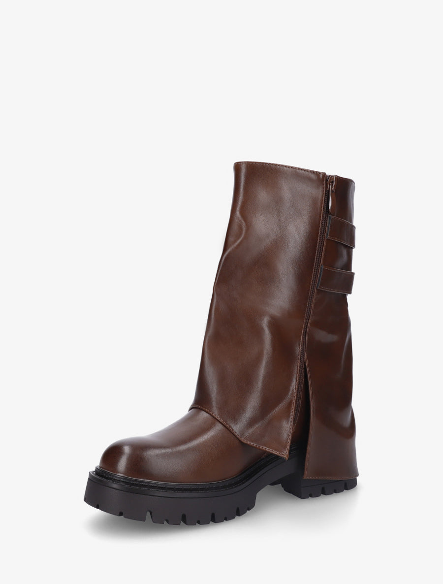 Bottines à revers et double sangles en simili - Marron - 3