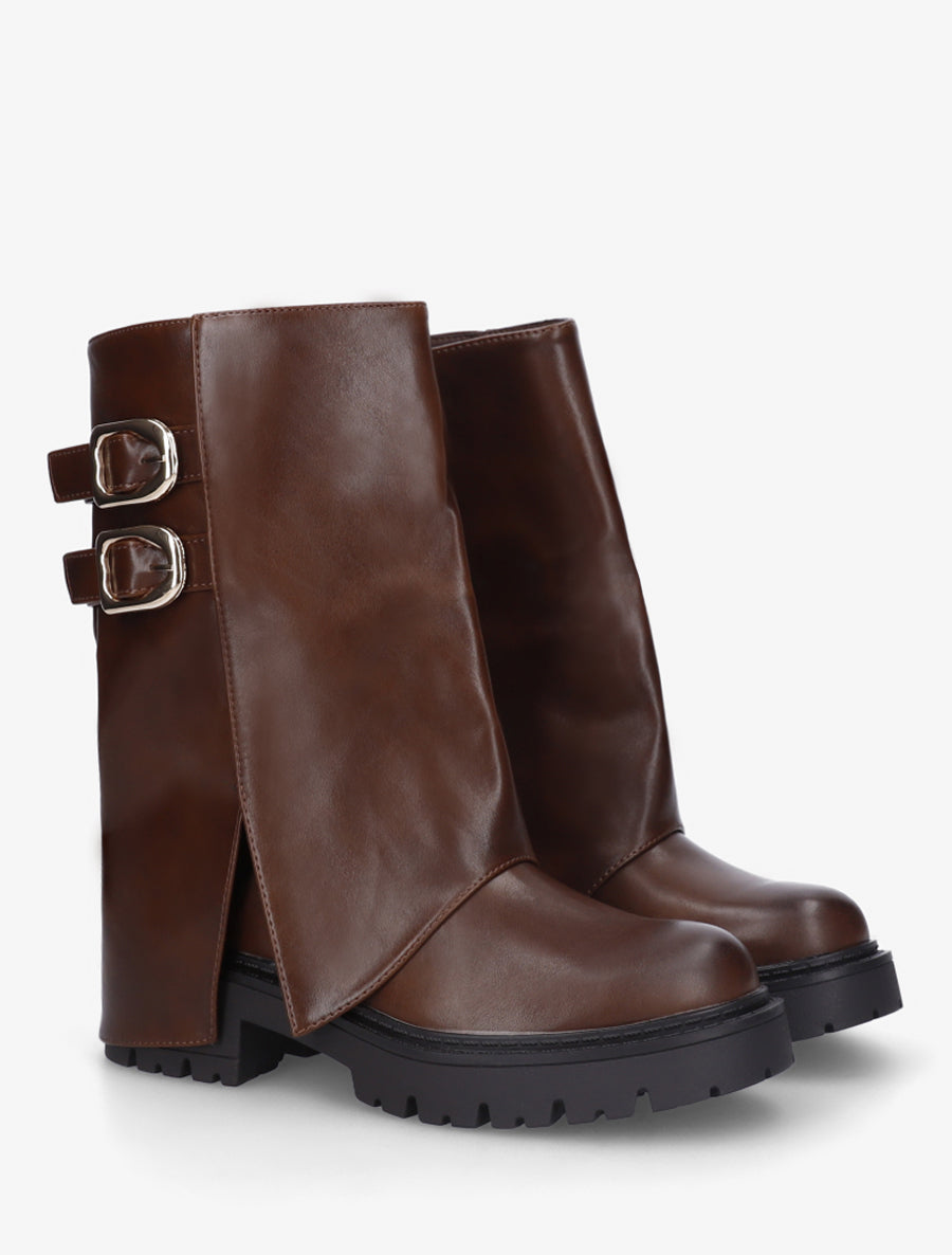 Bottines à revers et double sangles en simili - Marron - 4