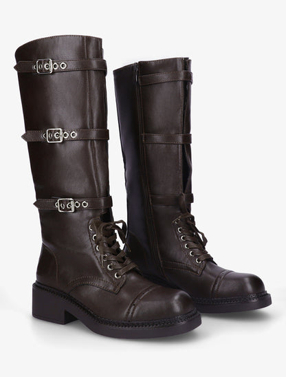 Bottes à lacets et triple sangles en simili - Marron - 4