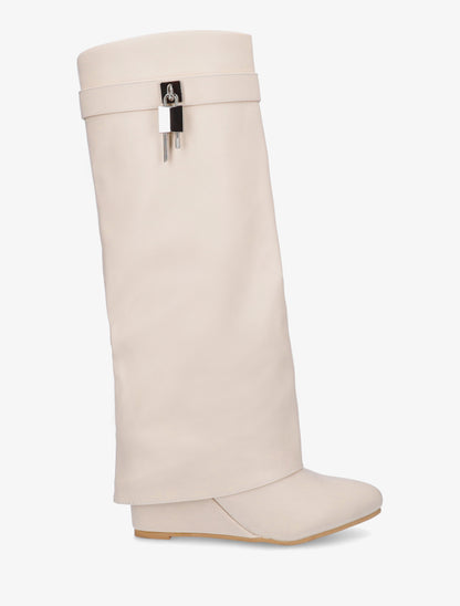 Bottes à talon compensé et revers - Beige - 1