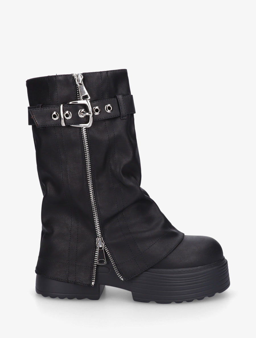 Bottines montantes à revers et zip décoratif - Noir - 1