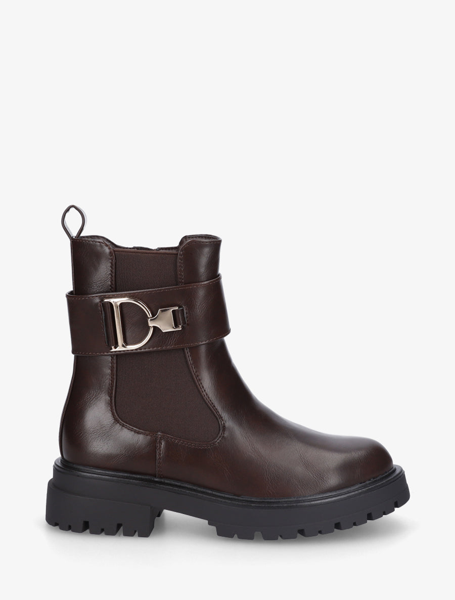 Bottines montantes à boucle décorative dorée - Marron - 1