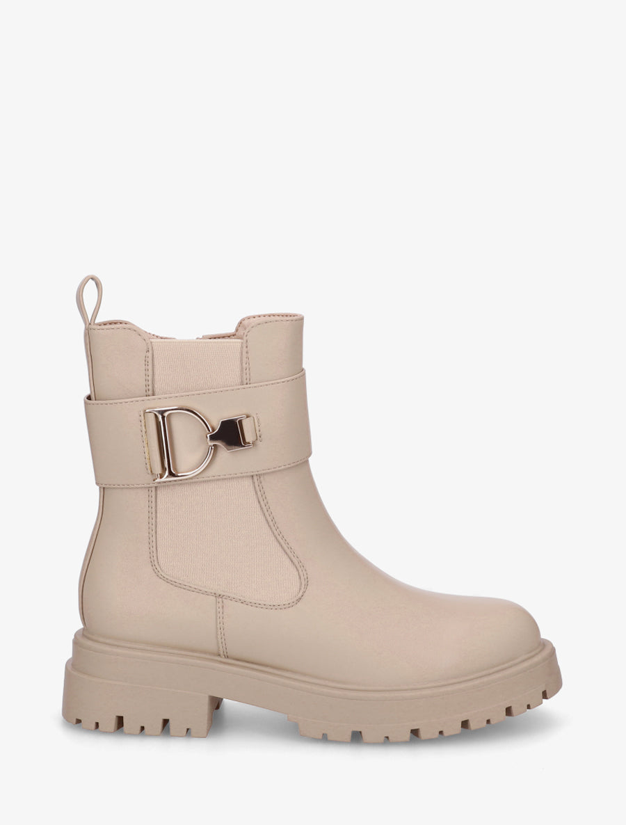 Bottines montantes à boucle décorative dorée - Beige - 1