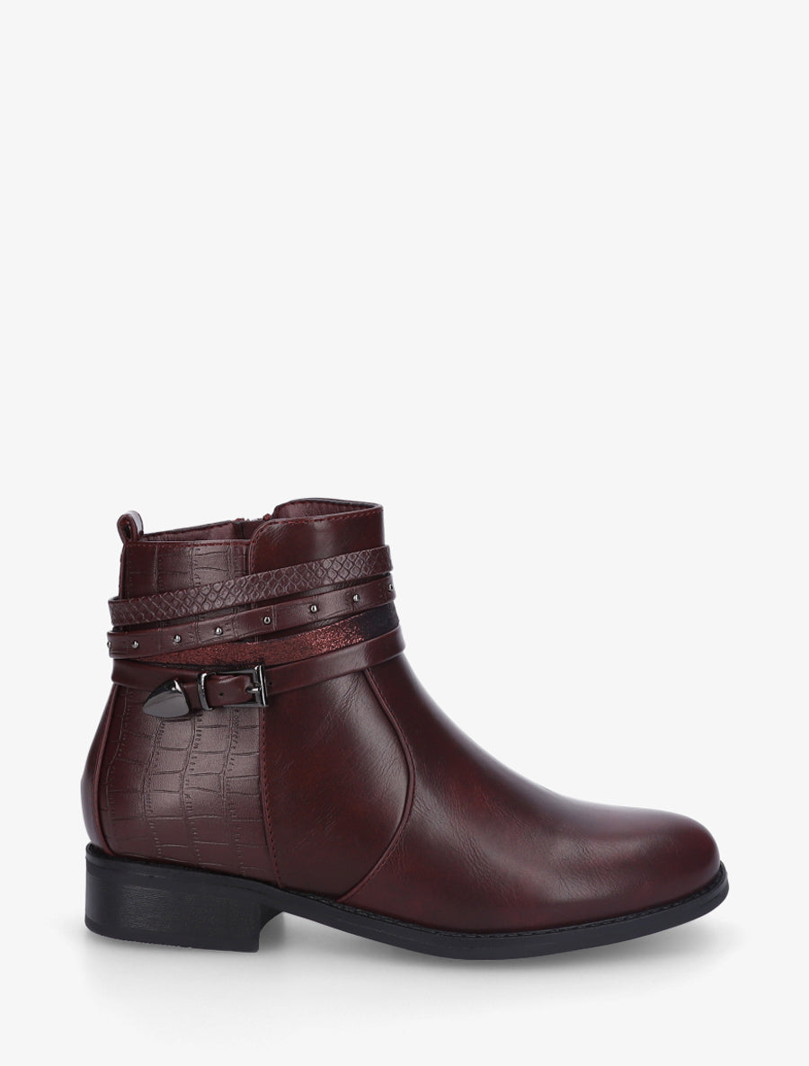 Bottines en simili à 4 brides - Lie de vin - 1