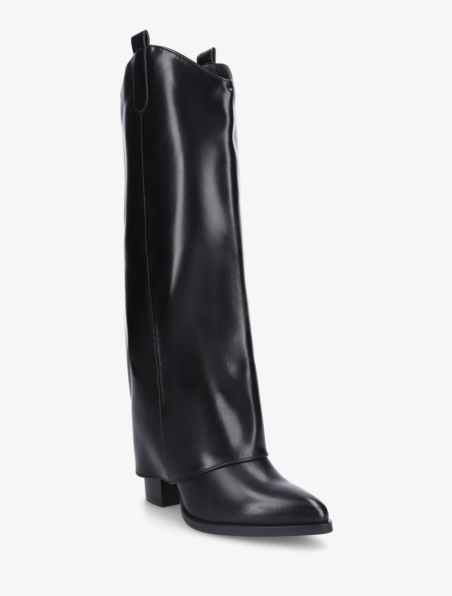 Bottes à talon et revers en simili - Noir - 2