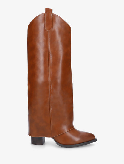 Bottes à talon et revers en simili - Camel - 1