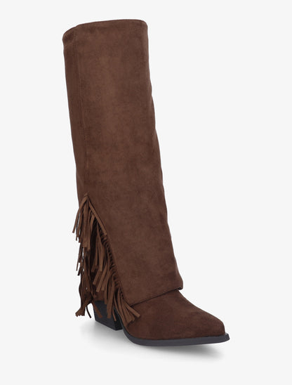 Bottes à franges et revers en suédine - Marron - 2