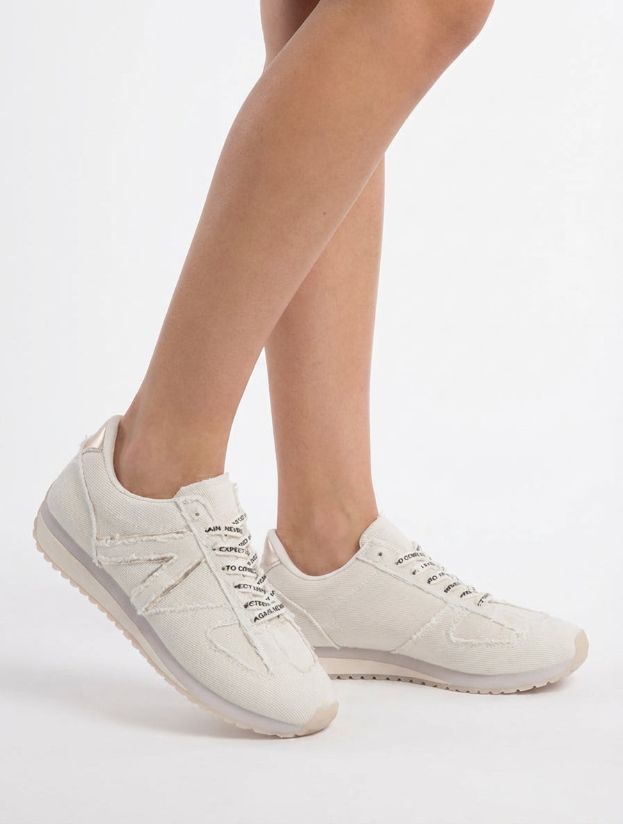 Sneakers en tissu à lacets floqués - Beige