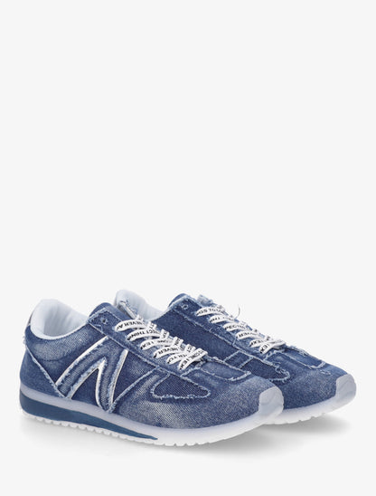 Sneakers en tissu à lacets floqués - Bleu - 4