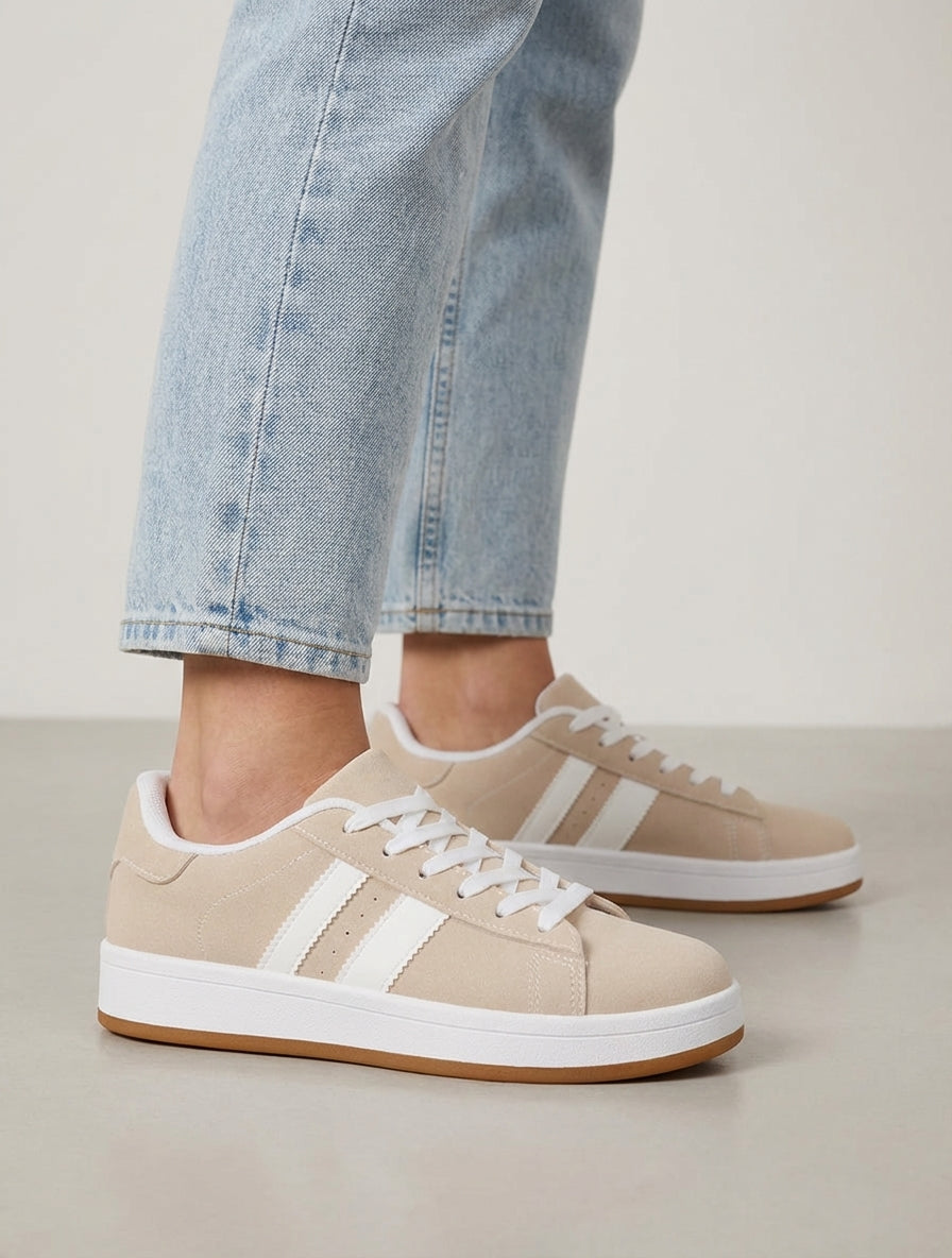 Sneakers effet nubuck à bandes contrastantes - Beige