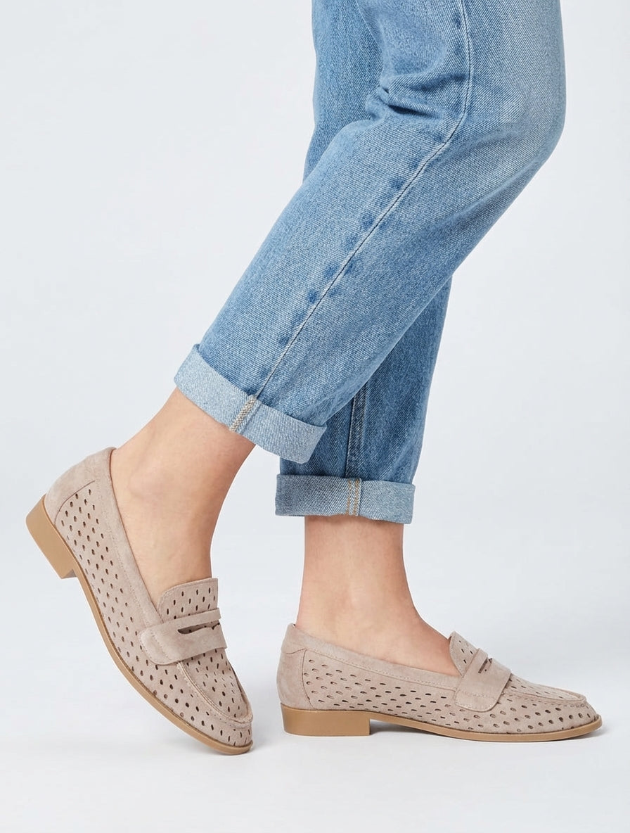 Mocassins ajourés en suédine - Taupe