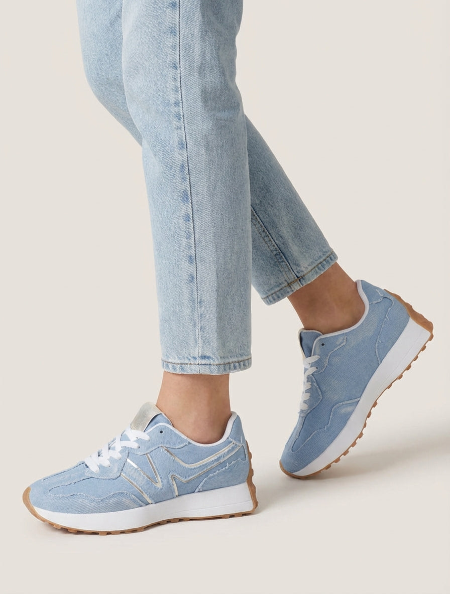 Baskets en jean à liserés nacrés - Bleu ciel