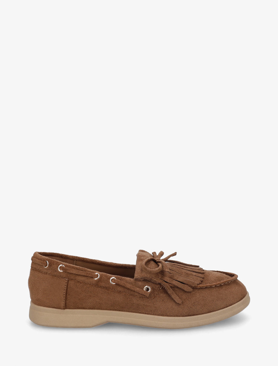 Mocassins en suédine à franges et noeud - Camel - 1