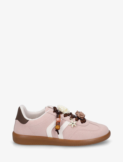 Sneakers à empiècement fleurs et perles en bois - Vieux rose - 1