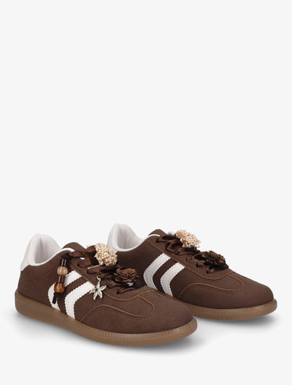 Sneakers à empiècement fleurs et perles en bois - Marron - 4