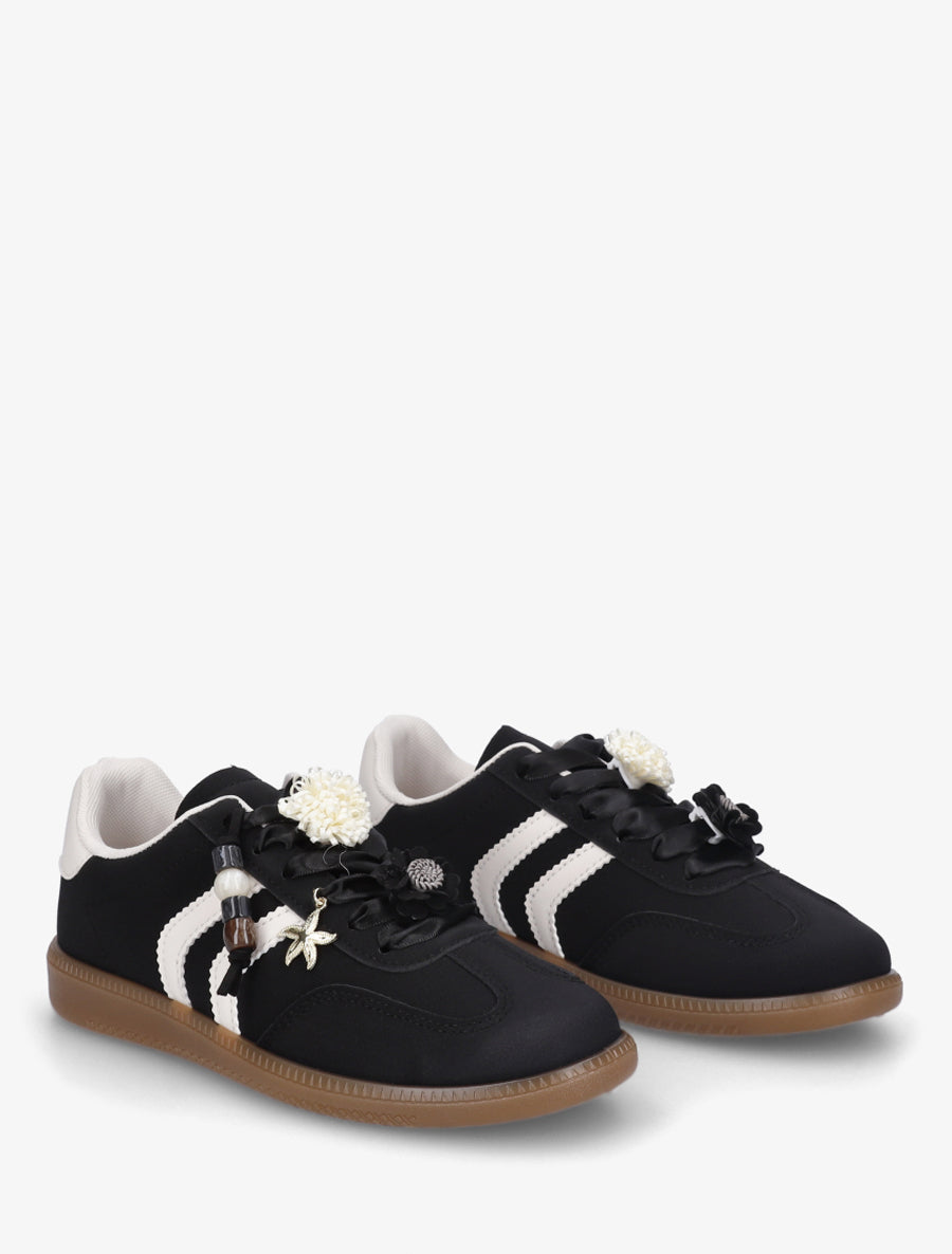 Sneakers à empiècement fleurs et perles en bois - Noir - 4