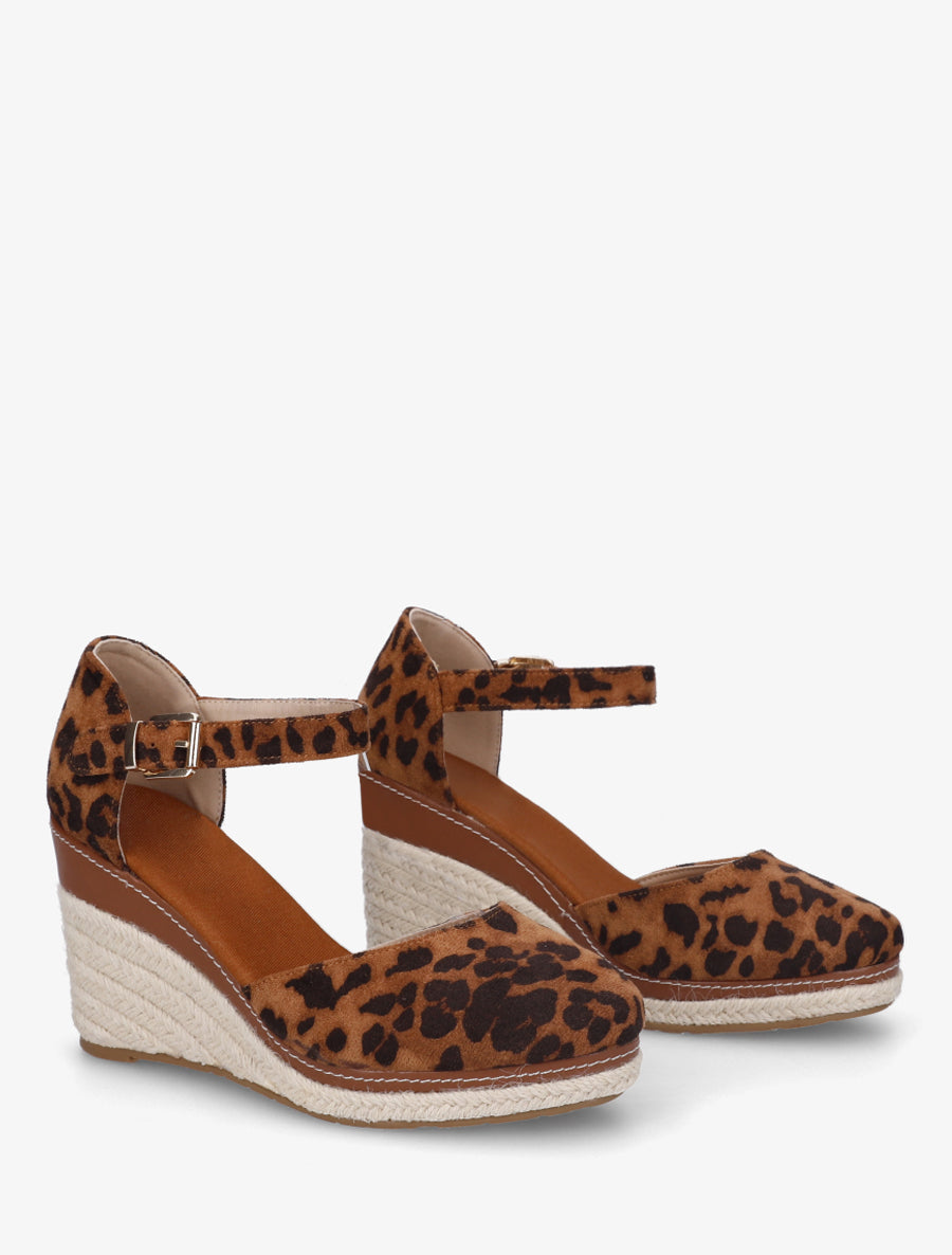 Espadrilles compensées en suédine imprimé léopard - Camel - 4