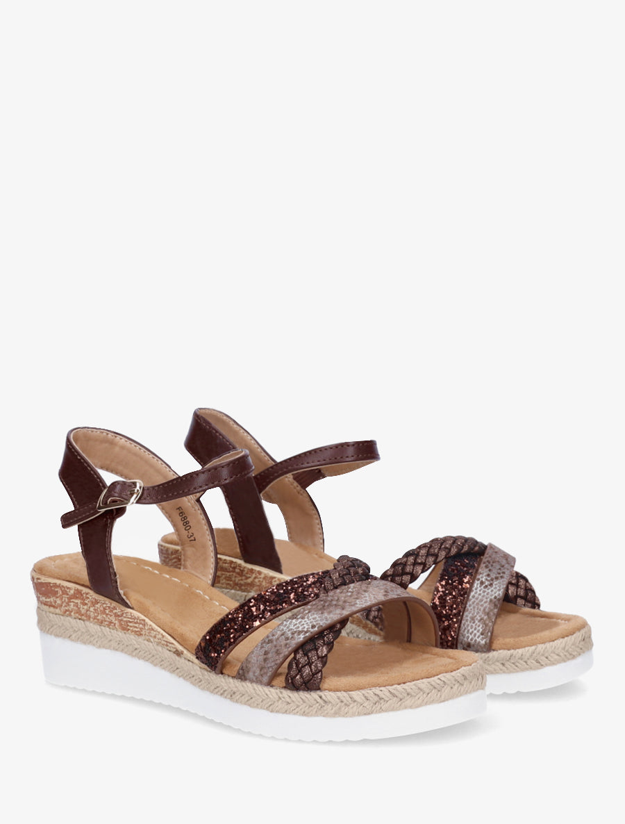 Sandales compensées à brides fantaisies pailletées - Marron - 4